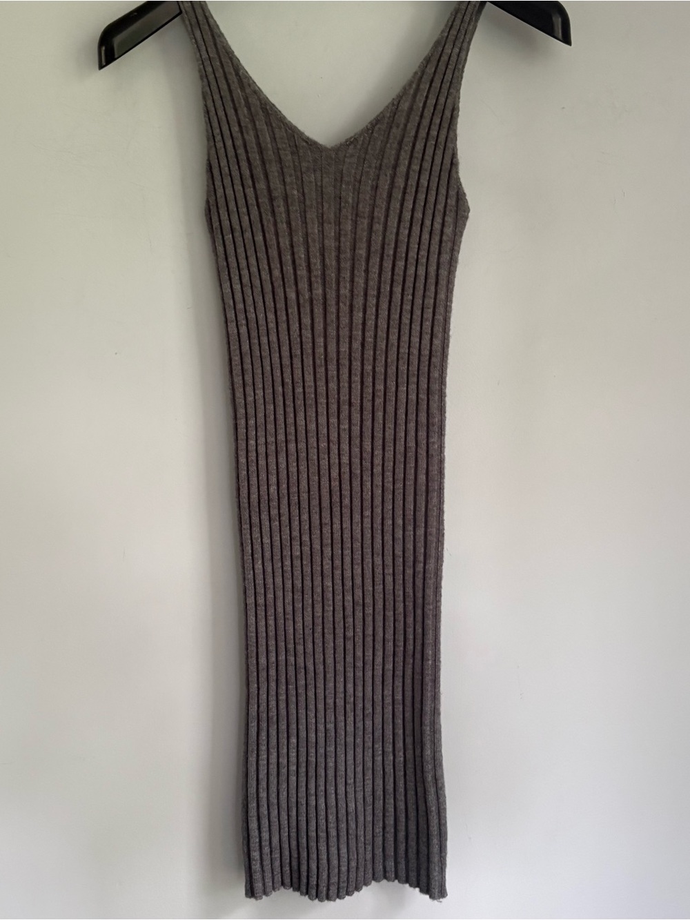 Gray Ribbed V-Neck Sweater Knit Midi Dress